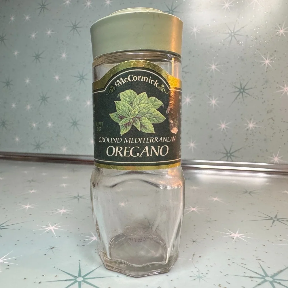 Vintage McCormick Mediterranean Oregano Jar Green Label & Lid Glass Spice Bottle